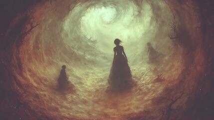 A woman in a long dress walks towards a bright light at the end of a tunnel.