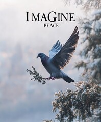 A dove with outstretched wings flies in front of a snowy tree with the words "Imagine Peace" above it.