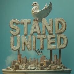 A dove perches on the word "stand united" in a message of peace and unity.