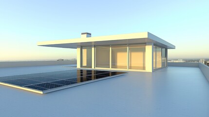 Obraz premium Modern rooftop structure with solar panels in a serene environment.