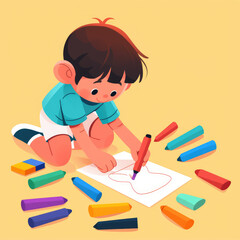 A Child Drawing with Crayons in a Colorful Flat Illustration of Creative Play