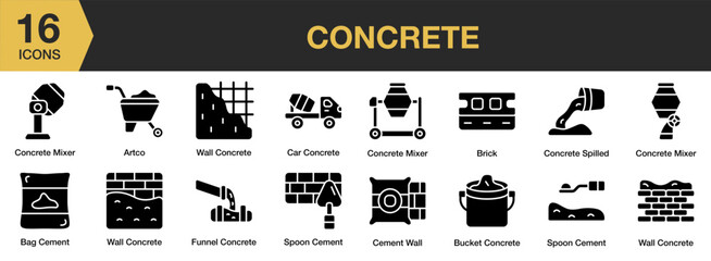 Concrete solid icon set. Includes stone, structure, industrial, building, material, and More. Solid icons vector collection.