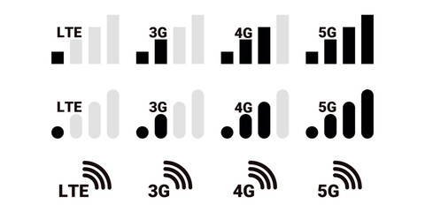 LTE, 3G, 4G, 5G icons symbolize mobile internet networks. Internet connection signal sign