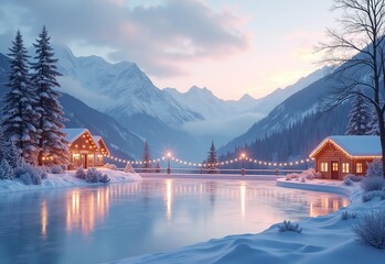 Fototapeta premium Serene Ice Rink Nestled at the Foot of Majestic Snow-Capped Mountains, Illuminated by Delicate Christmas Lights in a Minimalist Aesthetic