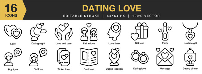 Dating Love icon set. Editable Stroke Icon Collection. Includes dating, romance, relationship, love, couple, and More. Outline icons vector collection.