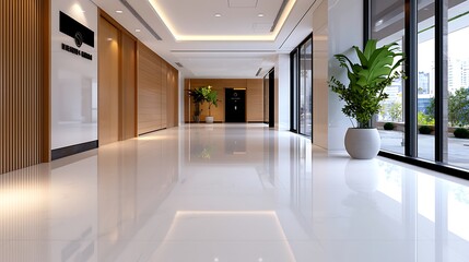 Fototapeta premium Modern Office Lobby Interior with Polished Floor and Natural Light