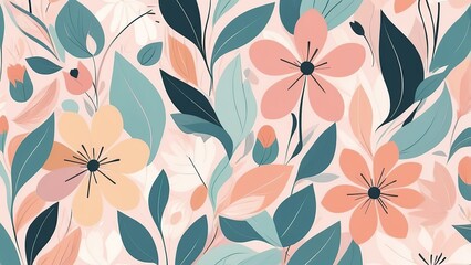 A floral abstract background with stylized petals and leaves in soft pastel shades.