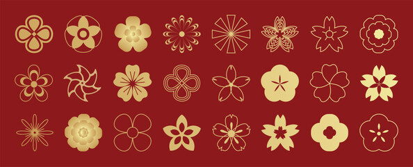 Happy Chinese and Japanese New Year 2025 Icons vector set. Cherry blossom flower different. Oriental Icons of Asian Lunar New Year holiday decoration vector.