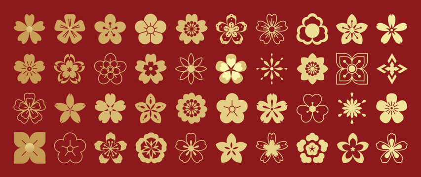 Happy Chinese and Japanese New Year 2025 Icons vector set. Cherry blossom flower different. Oriental Icons of Asian Lunar New Year holiday decoration vector.
