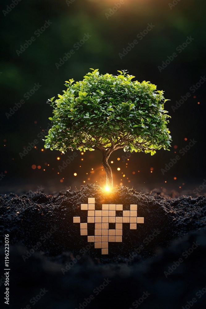 Poster tree formed from sudoku puzzles glowing with creative energy at its roots