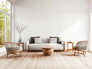Modern Living Room with Cozy Sofa and Natural Light Pouring Through Large Windows
