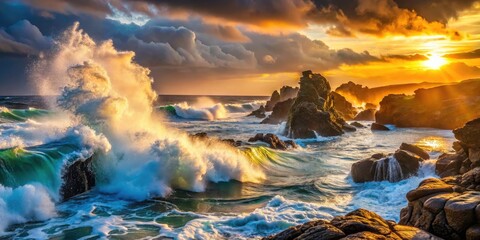 Fototapeta premium Ocean Waves Crashing on Rocks - Dramatic Coastal Landscape Photography