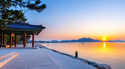 Serene Sunset Over Coastal Pavilion