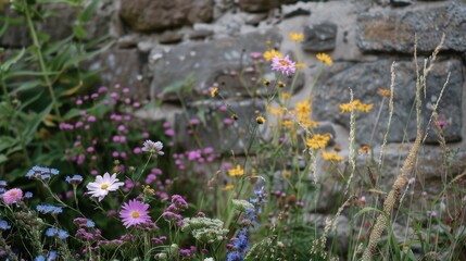 Colorful wildflowers in front of an old stone wall