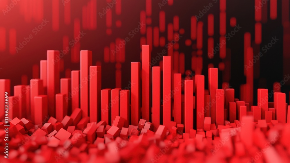 Poster Trading candle stick concept. Abstract red visualization with vertical bars representing data or graph against a dark background.