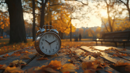 Daylight Saving Time. Alarm clock and orange color leaves on wooden table. Autumn time. Fall time change. Autumn leaves fall and winter approaches