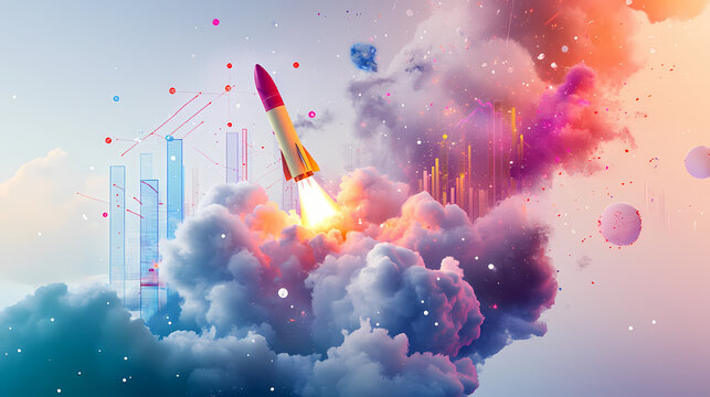 A colorful rocket blasts off amidst ascending graphs and fluffy white clouds set against a crisp white Blazetide. Illustration