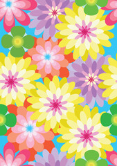 Colorful flower peony, clover cosmos tropical green yellow orange light blue.Vector Seamless pattern.