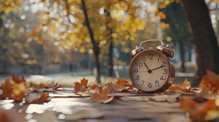 Daylight Saving Time. Alarm clock and orange color leaves on wooden table. Autumn time. Fall time change. Autumn leaves fall and winter approaches