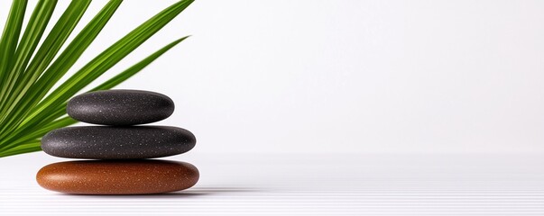 Balanced stones and green leaf symbolizing tranquility and wellness in a minimalist setting.