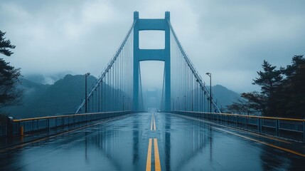 Misty Morning on a Suspension Bridge - Tranquil Roadway with Mountainous Backdrop