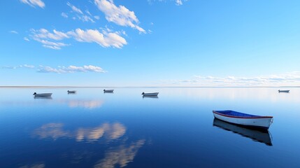 Calm lake with reflections of boats