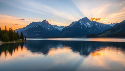 Breathtaking summer sunrise over Eibsee lake with the majestic Zugspitze mountain range, a stunning natural scene in the Bavarian Alps.

