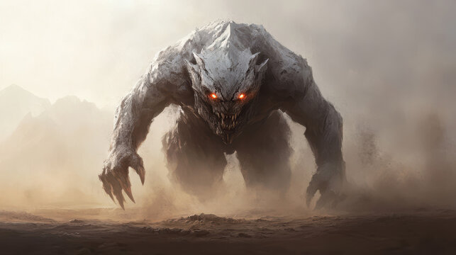 hulking creature with glowing eyes and sharp claws emerges
