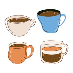 A set of coffee cup  illustration flat and doodle line style