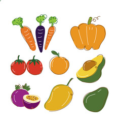 Set of fruits illustration flat and doodle line style