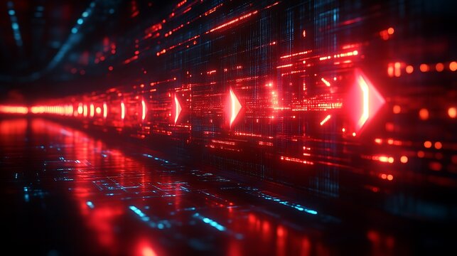 Futuristic red and blue digital tunnel with glowing arrows.