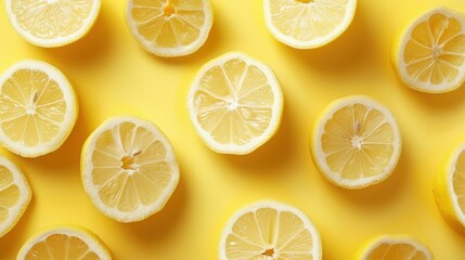 Obraz premium Sliced lemons spread out on a bright yellow background
