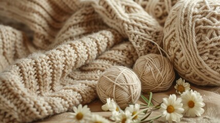 Knitting yarn balls, a beige knitted sweater, and white flowers on a cozy background