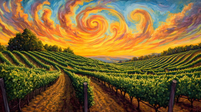A lush vineyard with winding rows of textured green vines, set against a swirling sky painted in vibrant orange, yellow, and blue hues 
