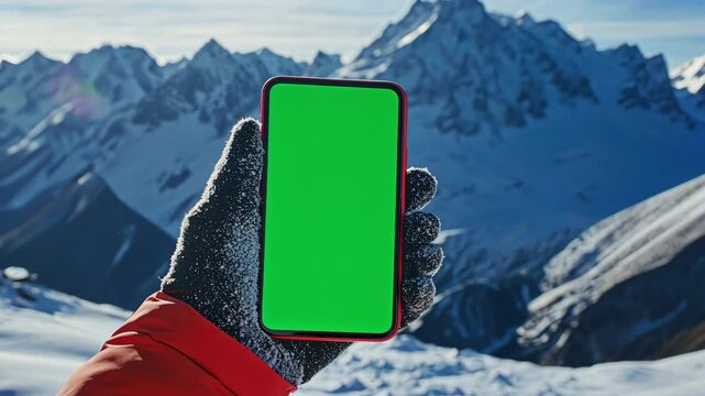 Black gloved hand holding a smartphone while standing on a snowcapped mountain. Smart phone screen is a chroma key green screen for replacement with ski app or map.