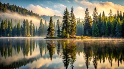 Obraz premium Misty Coniferous Forest Lake Reflection Mountain Landscape High Depth of Field Photography
