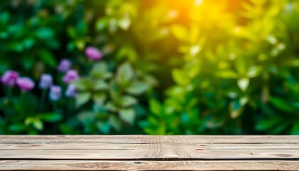 Fototapeta premium 3D-rendered wooden product display podium with a blurred natural background of lush green leaves, perfect for eco-friendly branding.