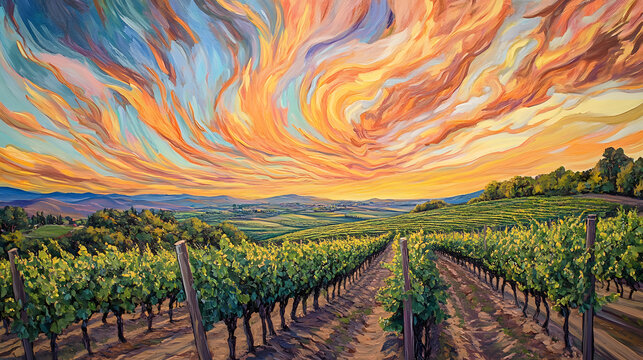 A lush vineyard with winding rows of textured green vines, set against a swirling sky painted in vibrant orange, yellow, and blue hues 