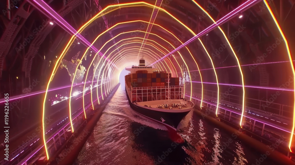 Poster large cargo ship navigates through futuristic tunnel illuminated by vibrant lights, creating dynamic