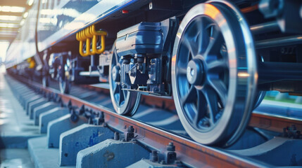 Fototapeta premium image showcases close up view of train wheels on tracks, highlighting intricate details of wheel design and rail infrastructure. scene conveys sense of motion and engineering precision
