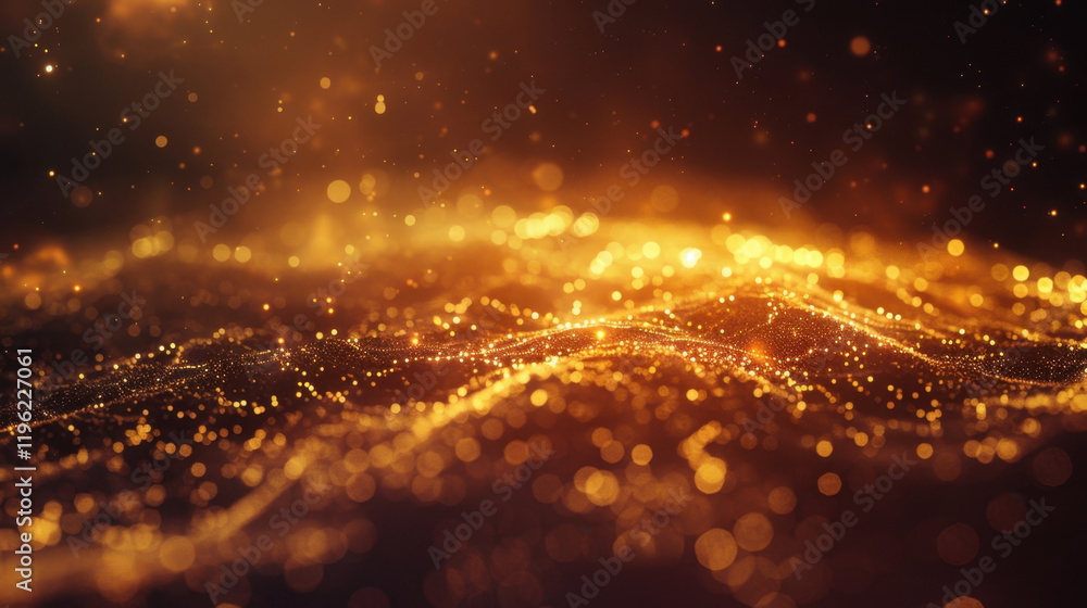 Poster mesmerizing abstract background featuring shimmering golden particles and waves, creating sense of d