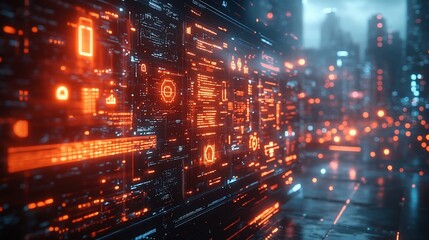 Obraz premium Futuristic Cityscape: Neon Glow of Digital Interface