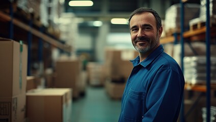 Obraz premium Warehouse Worker Smiles Confidently Amidst Boxes, Showing Fulfillment and Hard Work in Industrial Setting