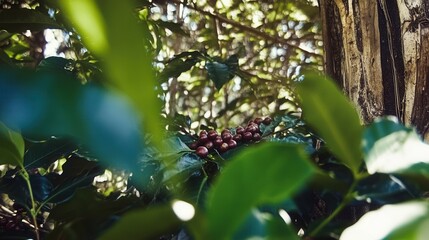 Vibrant coffee cherries on an Arabica tree, showcasing rich textures and eco-friendly practices in a lush, sustainable coffee farm setting.