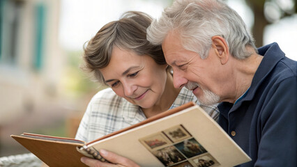 couple reminiscing while looking through photo album, sharing smiles and memories. Their expressions reflect warmth and nostalgia in serene outdoor setting