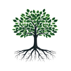 Fototapeta premium A vibrant tree with lush green leaves and strong roots symbolizing growth and stability. transparent background