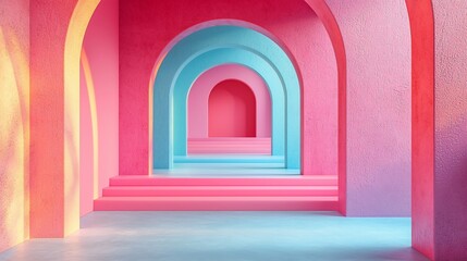 Fototapeta premium Pastel pink and blue archway hallway.