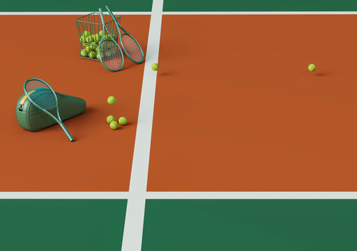 Stands on tennis court with tennis racket and tennis ball in the field. Free space for text. Copy space on green and orange background