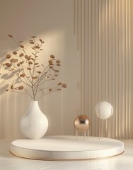 A minimalist decor with a vase of dried plants on a pedestal, flanked by two spherical ornaments