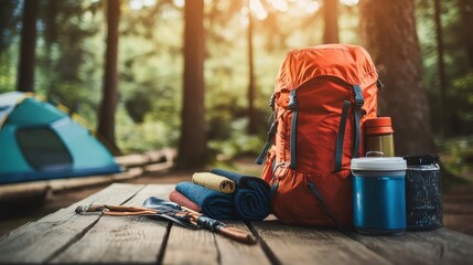 Fototapeta premium Neatly Arranged Camping Equipment on Wooden Table